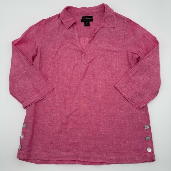 Tahari Women’s 100% Linen Henley 3/4 Sleeve Pink Tunic w/ Side Vents Medium - Picture 5 of 15